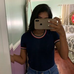 Navy blue ribbed with red, white and navy trimming